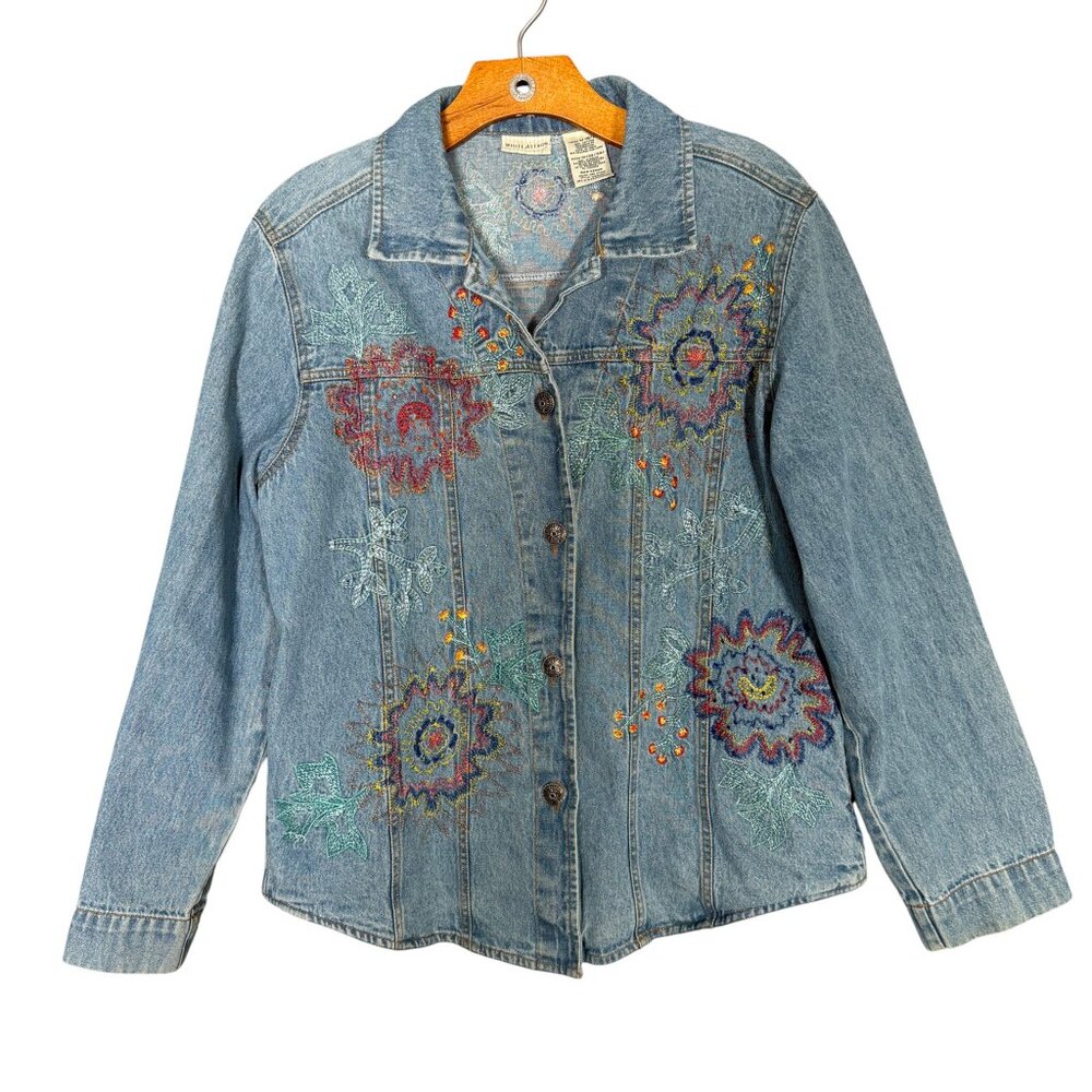 Vintage White Stag Denim Jacket Embroidered Funky Artsy 100% Cotton M